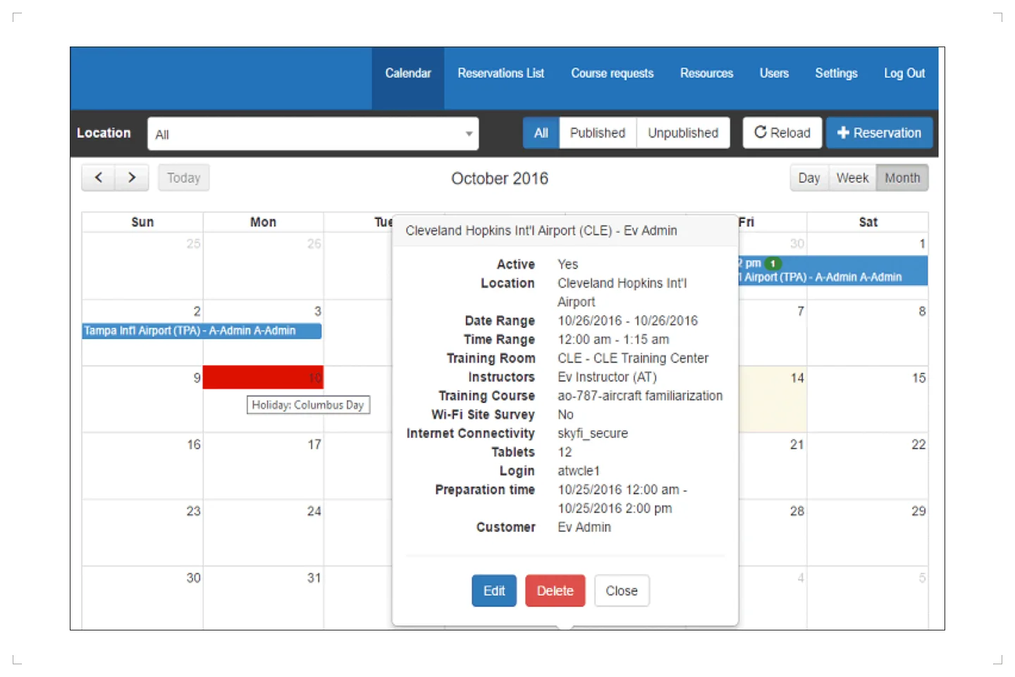 Supplied project image of the airline training scheduling calendar, showing an appointment detail from the original engagement.